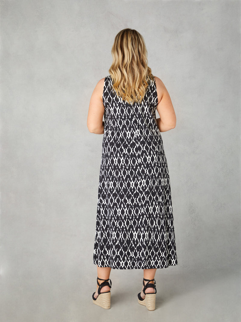 Mono Ikat Print Jersey Relaxed Midaxi Dress