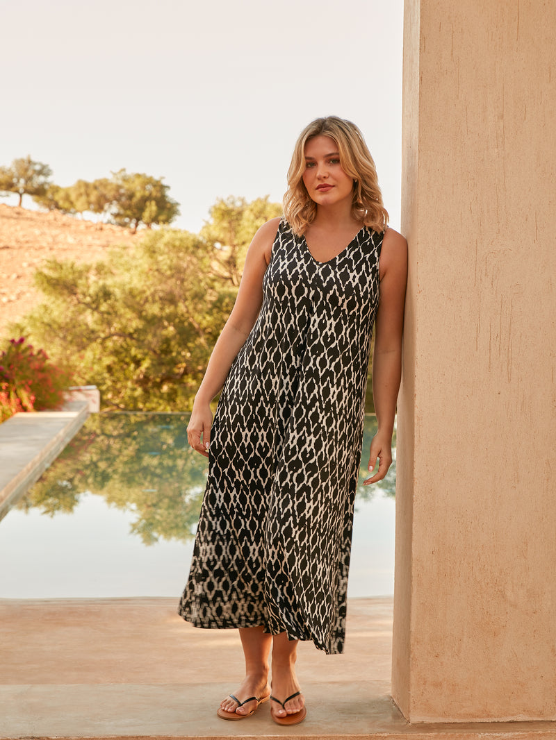 Mono Ikat Print Jersey Relaxed Midaxi Dress