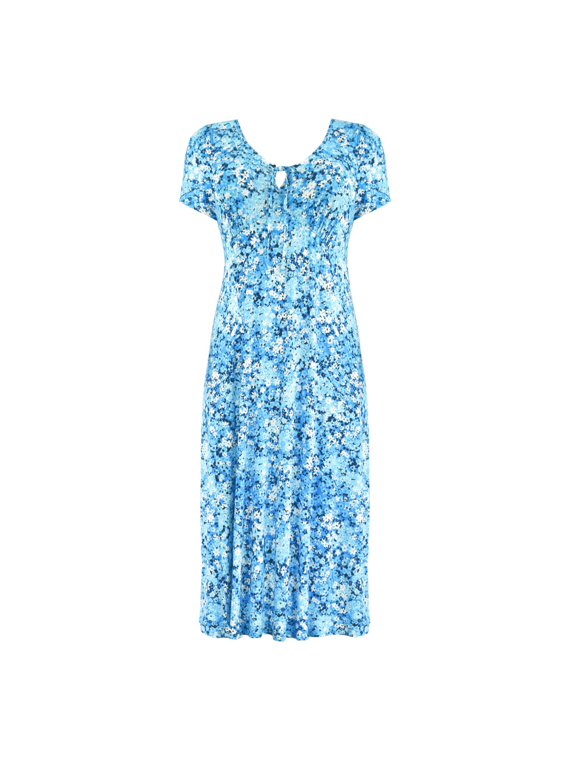 Blue Floral Jersey Tie Front Midi Dress