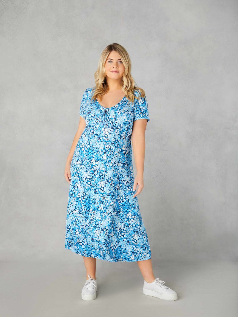 Blue Floral Jersey Tie Front Midi Dress