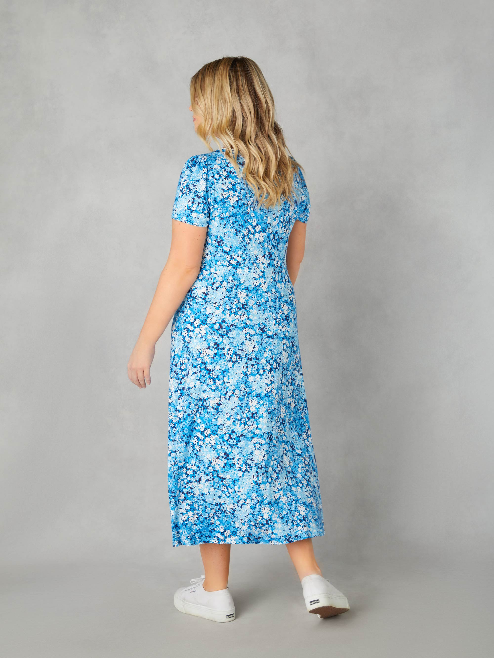 Blue Floral Jersey Tie Front Midi Dress