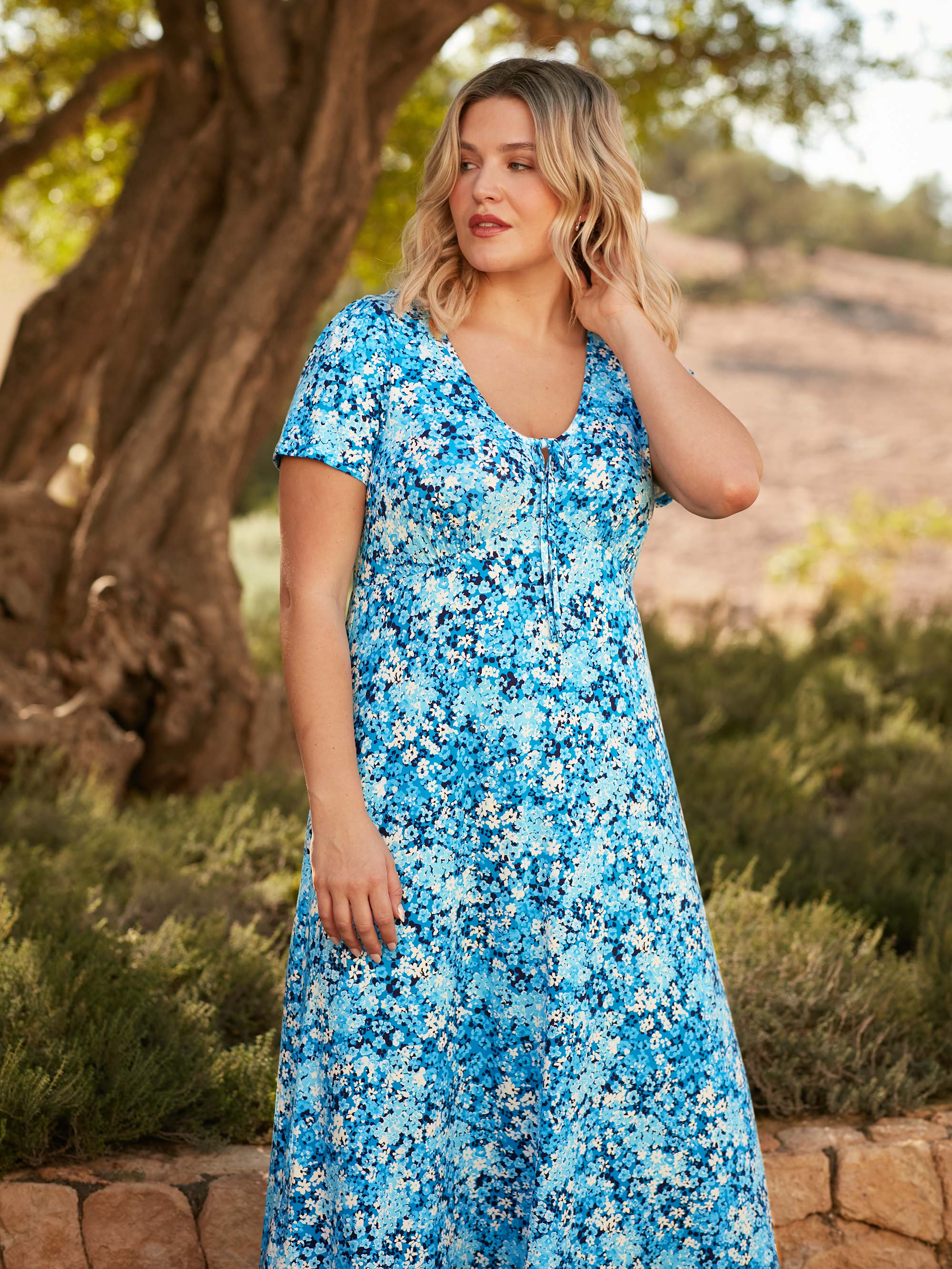 Blue Floral Jersey Tie Front Midi Dress