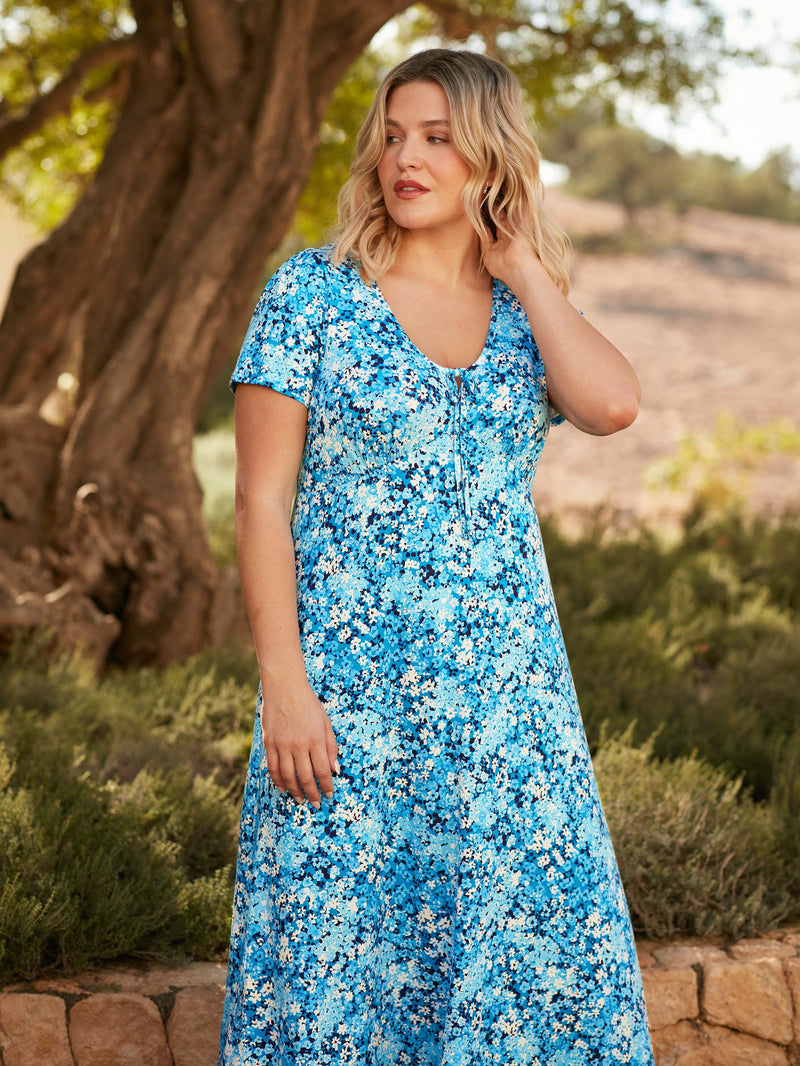 Blue Floral Jersey Tie Front Midi Dress