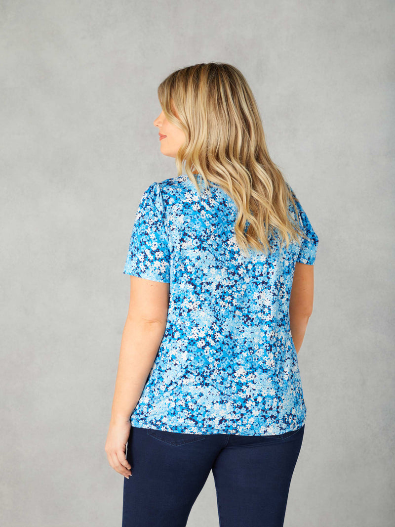 Blue Floral Jersey Keyhole Top