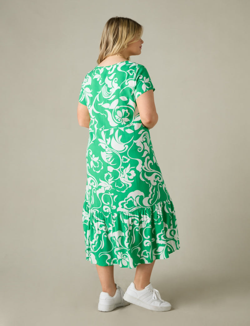 Green Paisley Print V Neck Dress