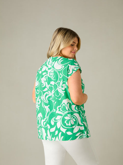 Green Paisley Print Pleat Front Top