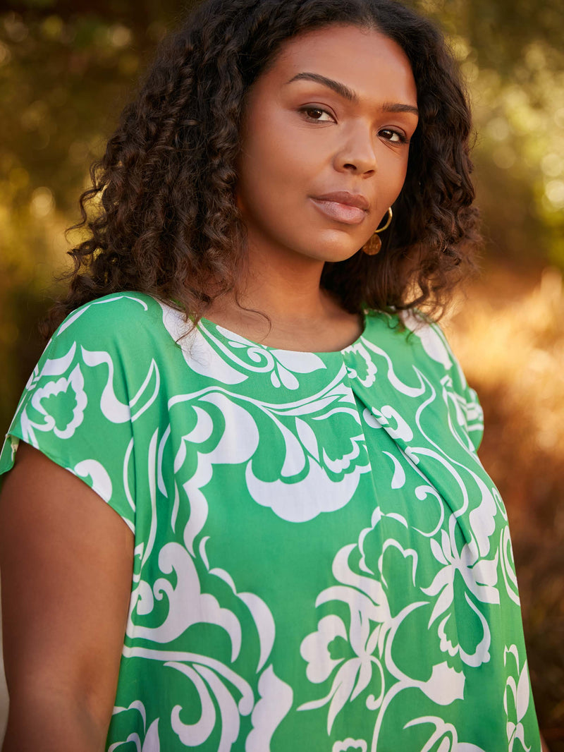Green Paisley Print Pleat Front Top