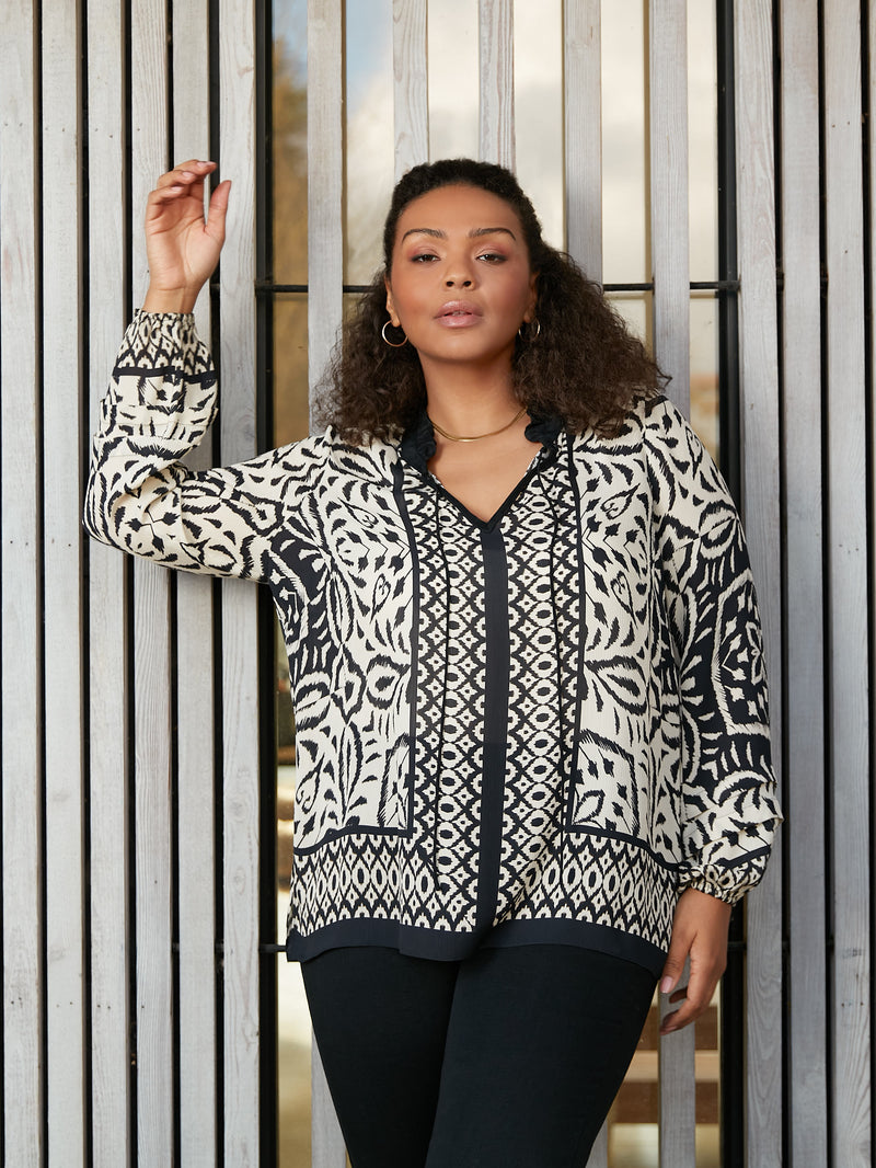 Mono Placement Print Pleat Sleeve Blouse