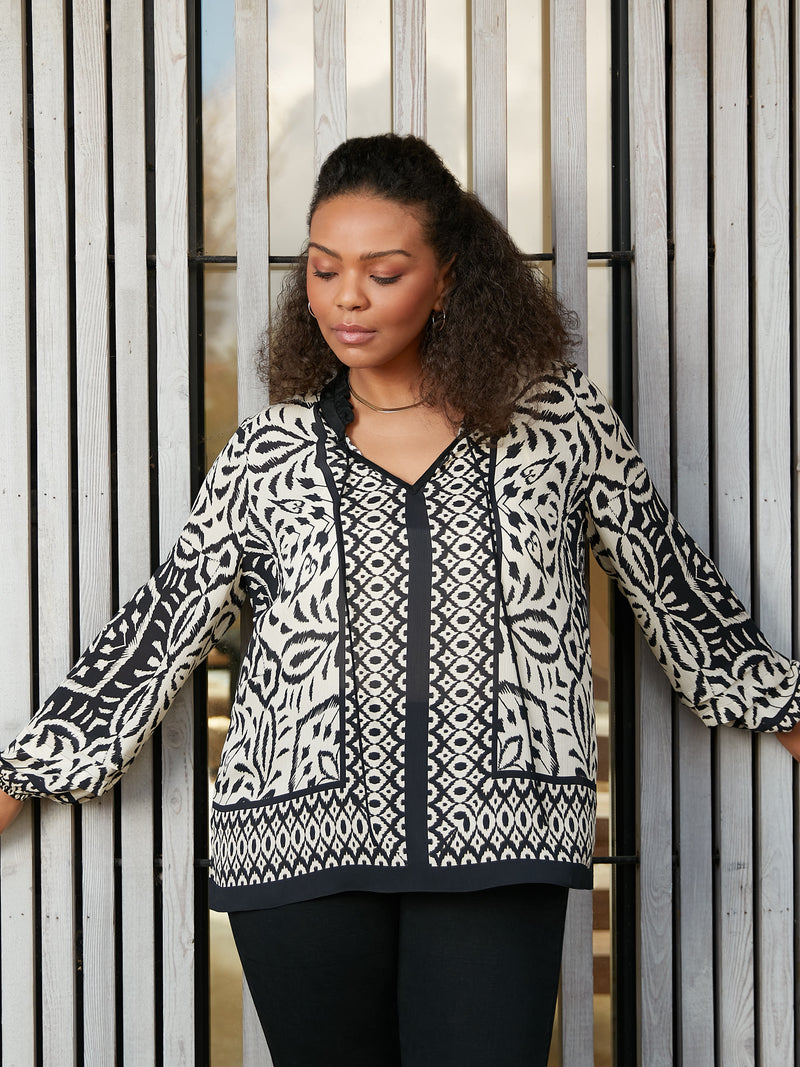 Mono Placement Print Pleat Sleeve Blouse