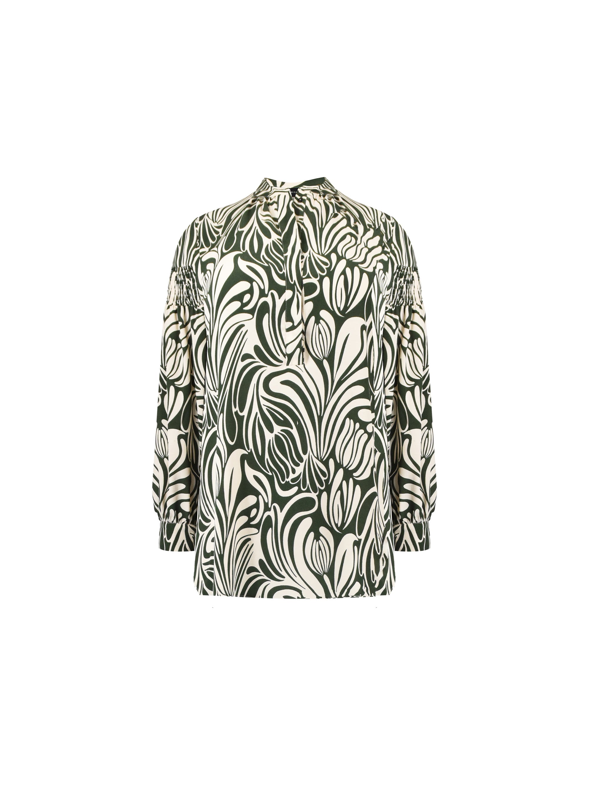 Green Abstract Print Shirred Shoulder Blouse