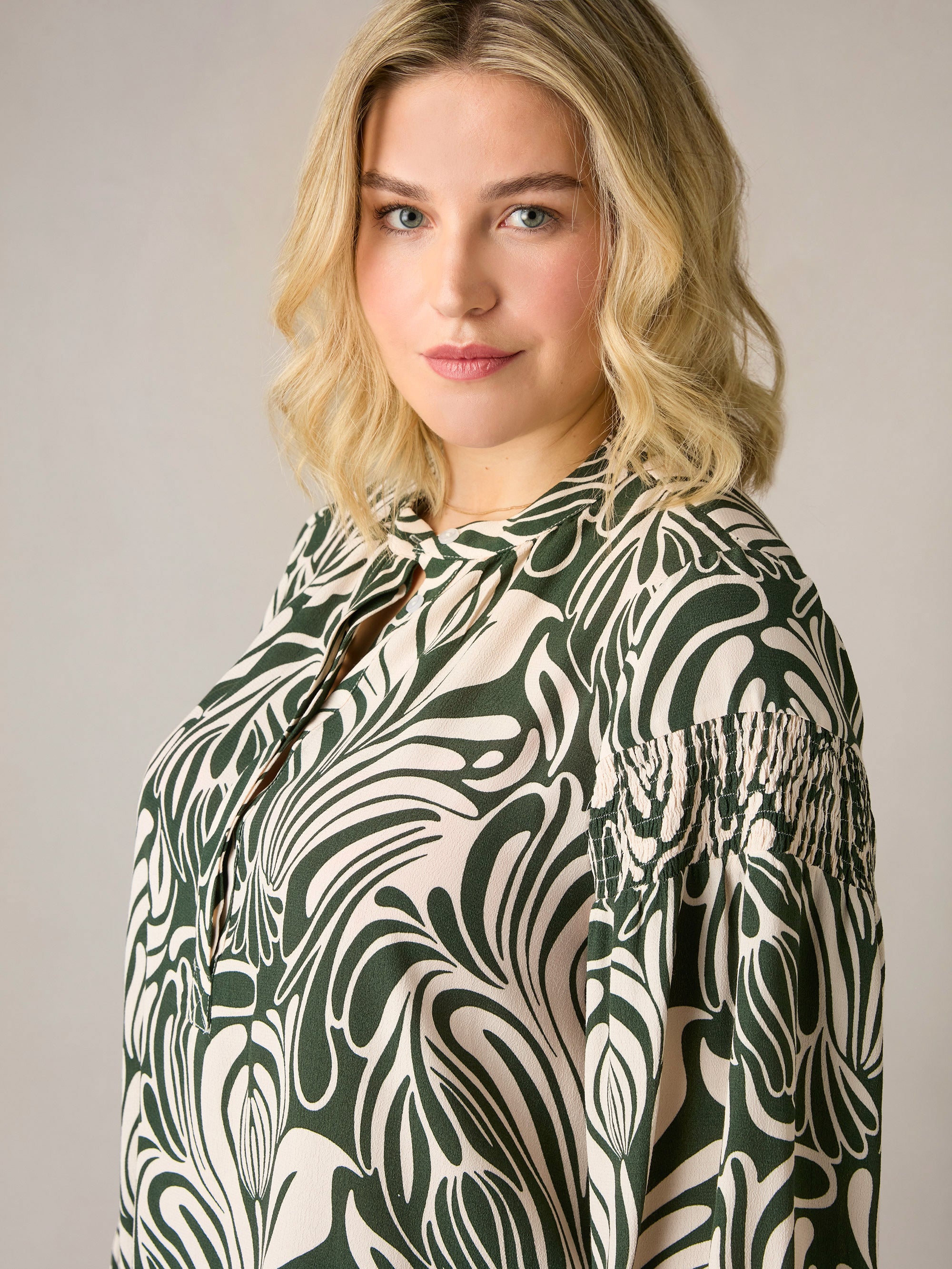 Green Abstract Print Shirred Shoulder Blouse