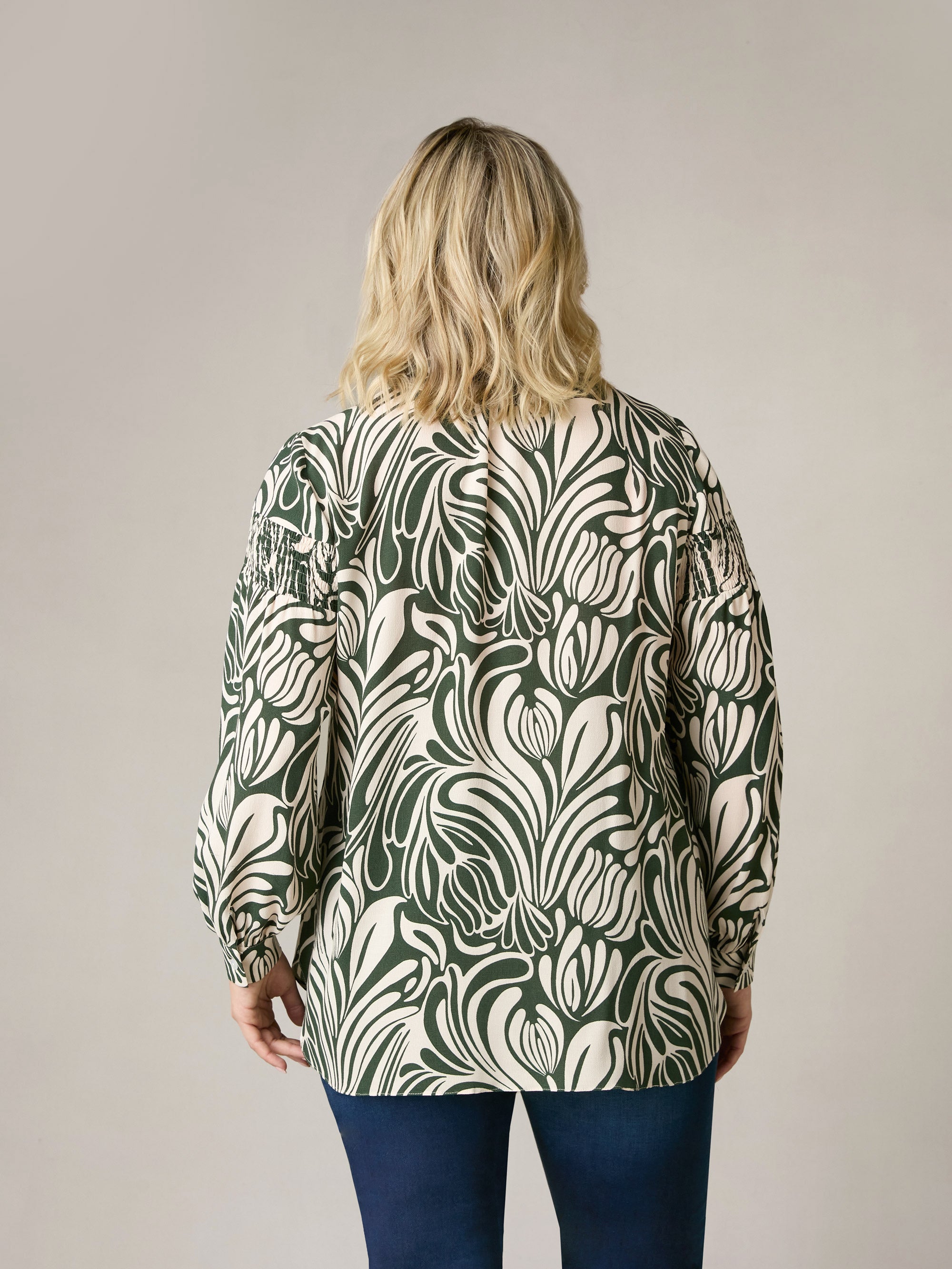 Green Abstract Print Shirred Shoulder Blouse