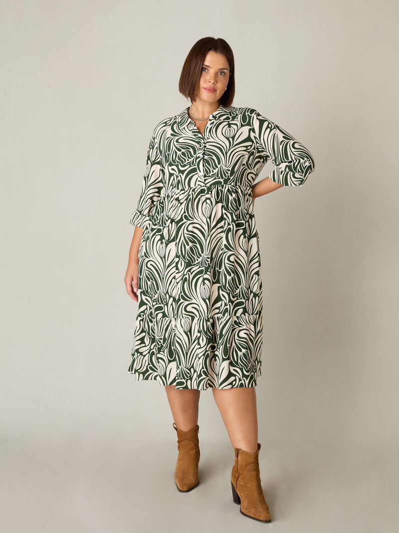 Green Abstract Print Button Through Shirt Dress