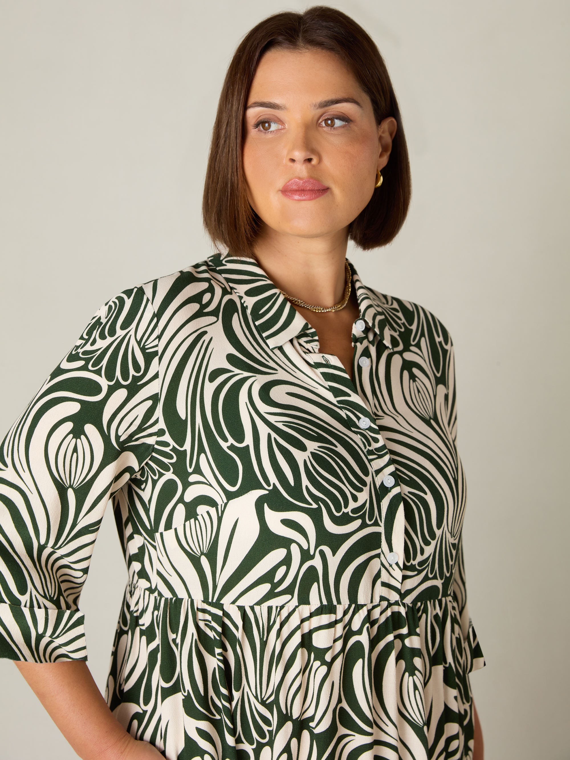Green Abstract Print Button Through Shirt Dress