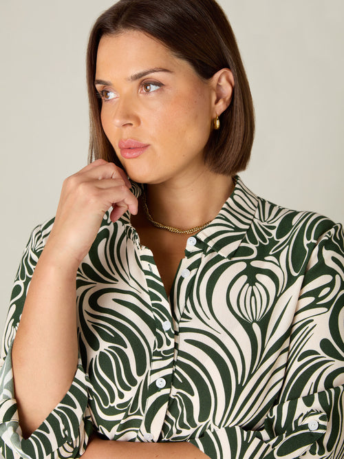 Green Abstract Print Button Through Shirt Dress