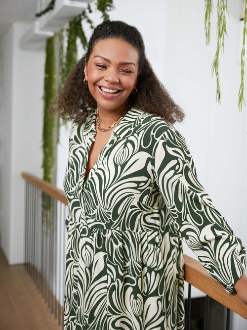 Green Abstract Print Button Through Shirt Dress