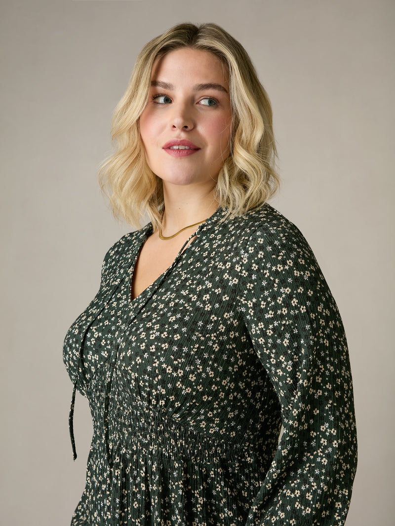 Green Ditsy Jersey Shirred Waist Dress