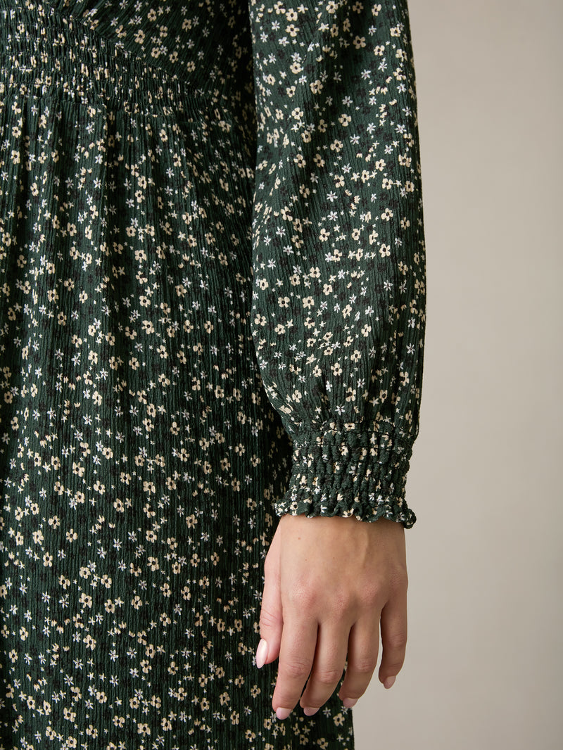Green Ditsy Jersey Shirred Waist Dress