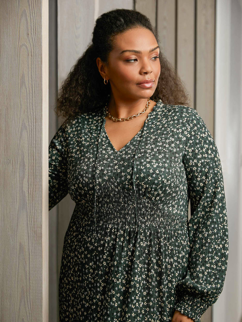 Green Ditsy Jersey Shirred Waist Dress