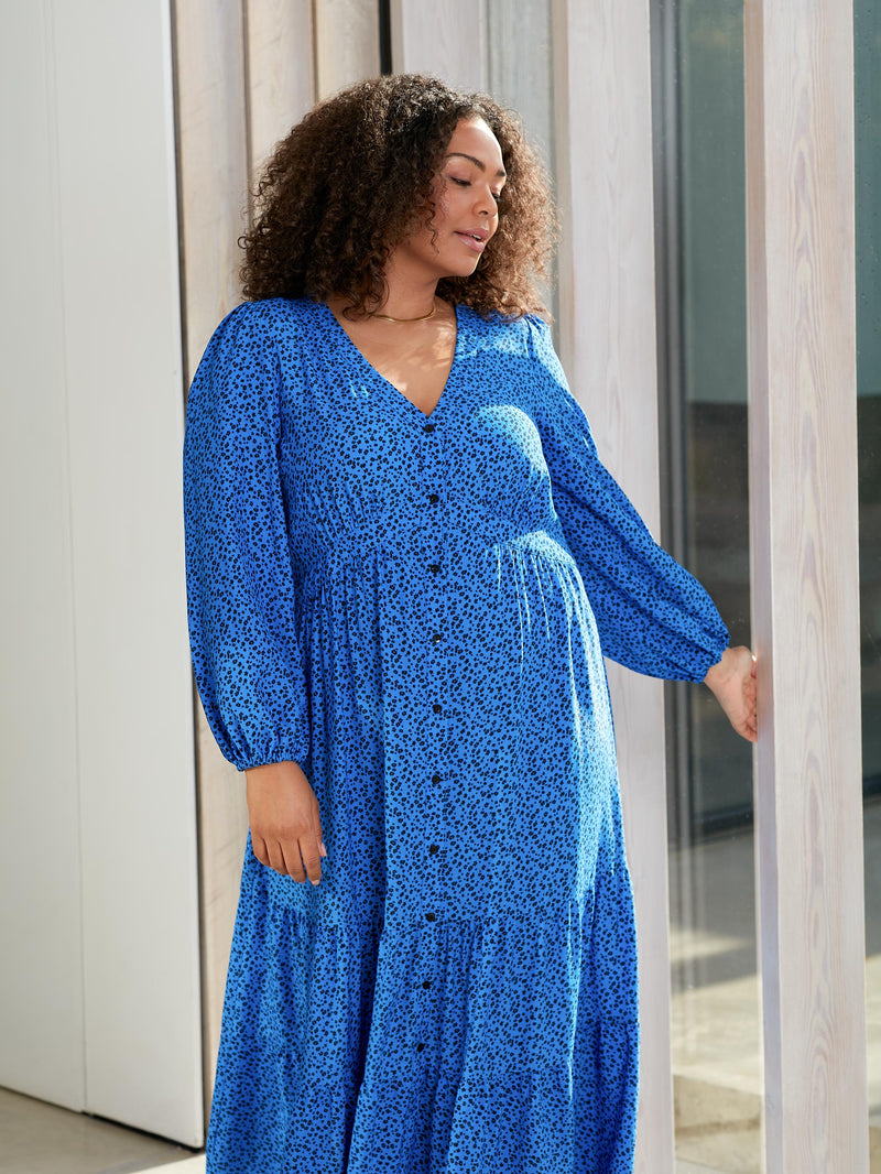 Blue Ditsy Button Front Midaxi Dress