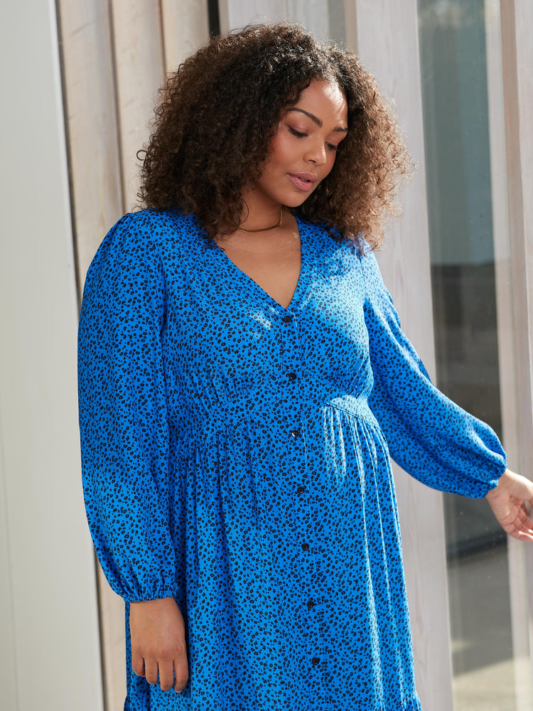 Blue Ditsy Button Front Midaxi Dress