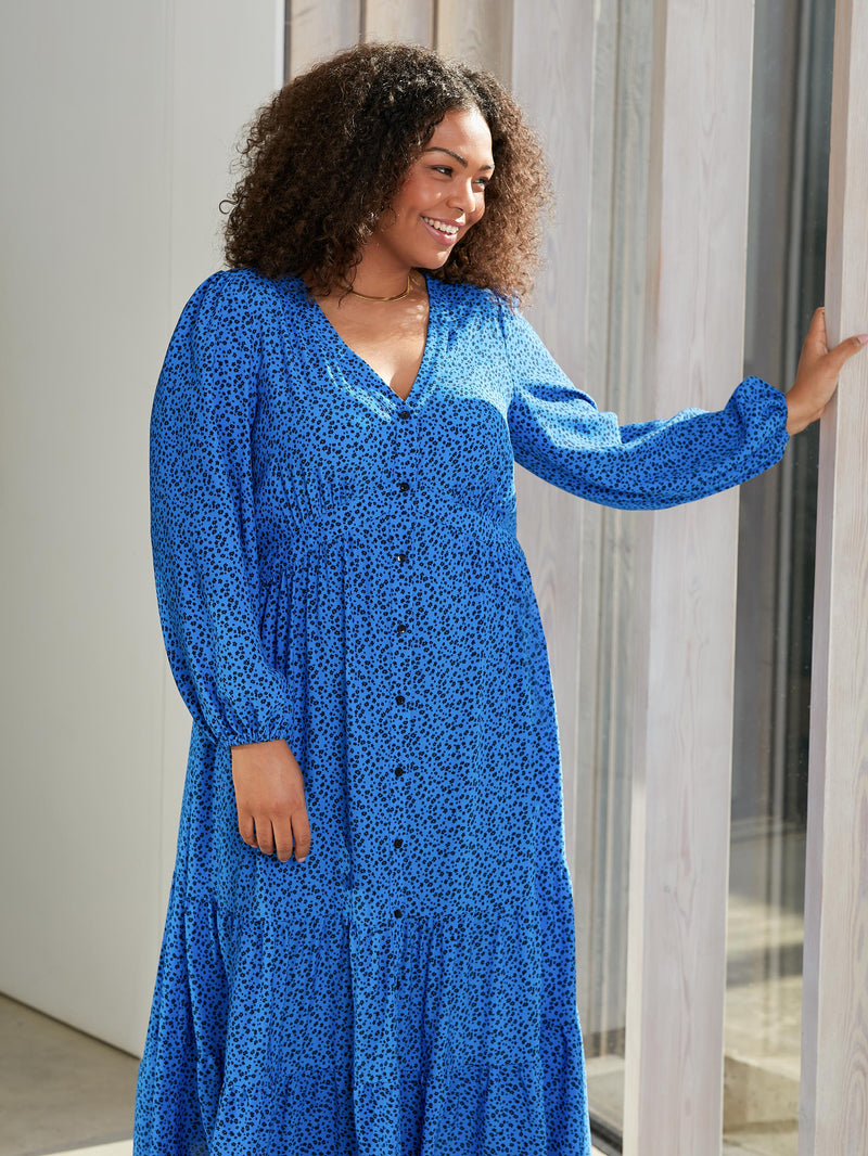 Blue Ditsy Button Front Midaxi Dress