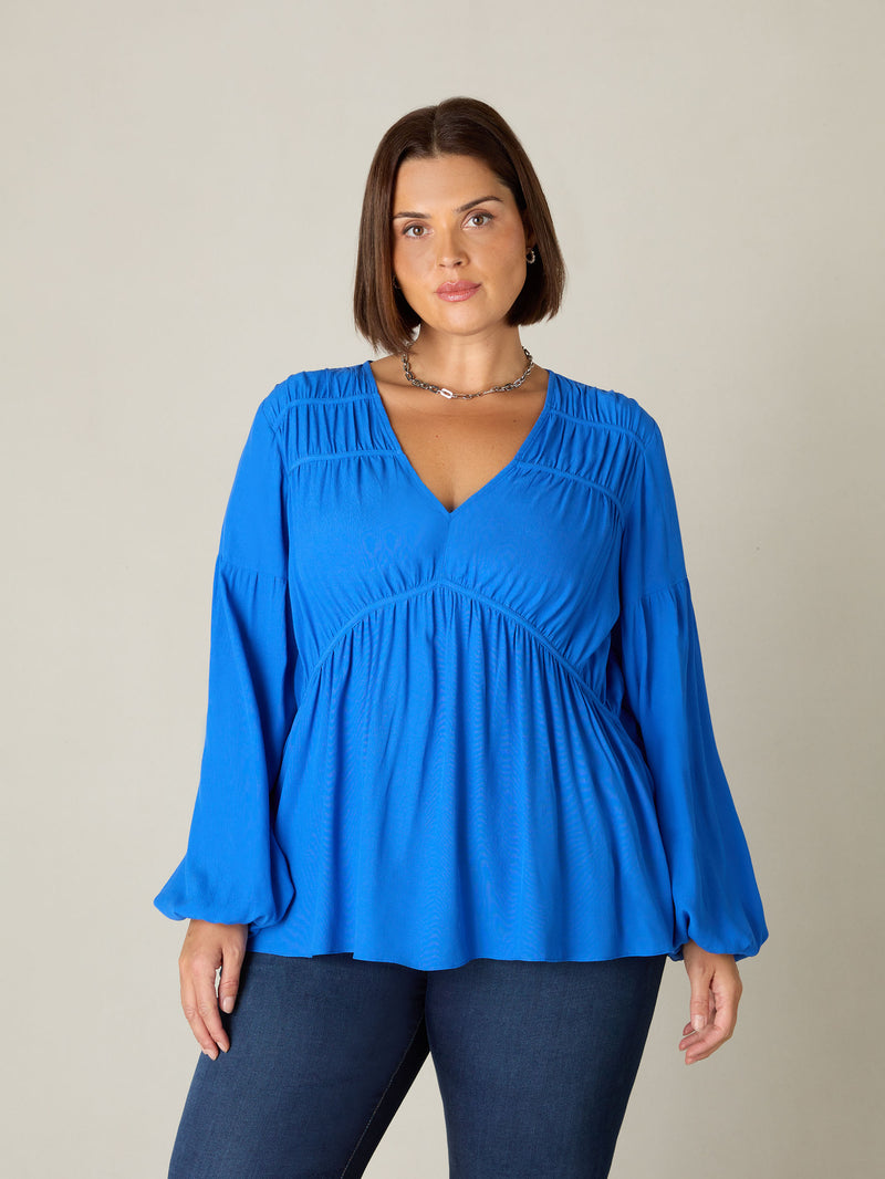 Blue Ruched Front Blouse