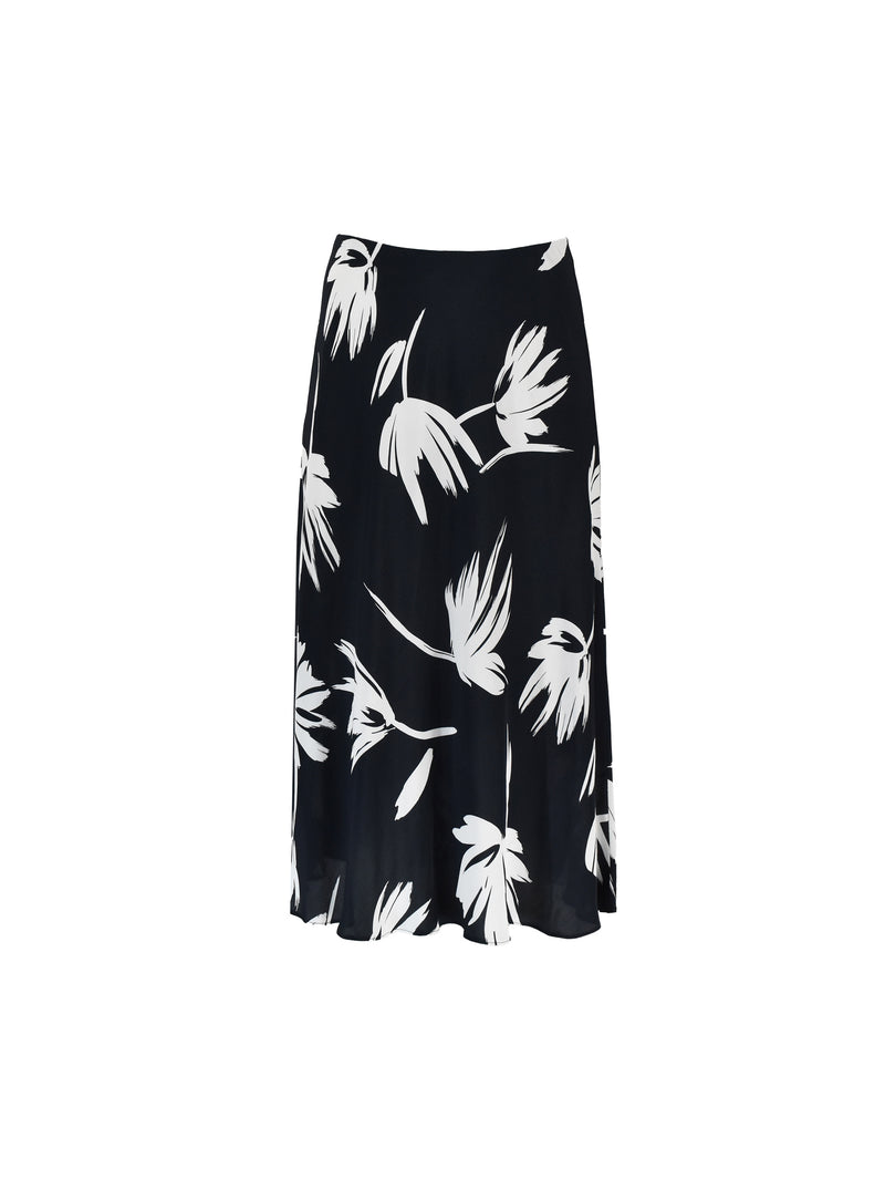 Mono Floral Print Bias Cut Skirt