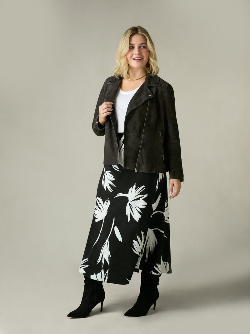 Mono Floral Print Bias Cut Skirt
