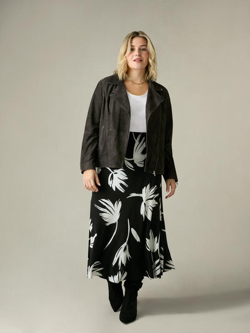 Mono Floral Print Bias Cut Skirt