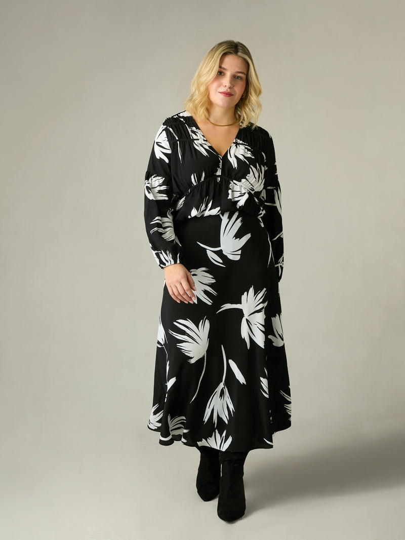 Mono Floral Print Bias Cut Skirt