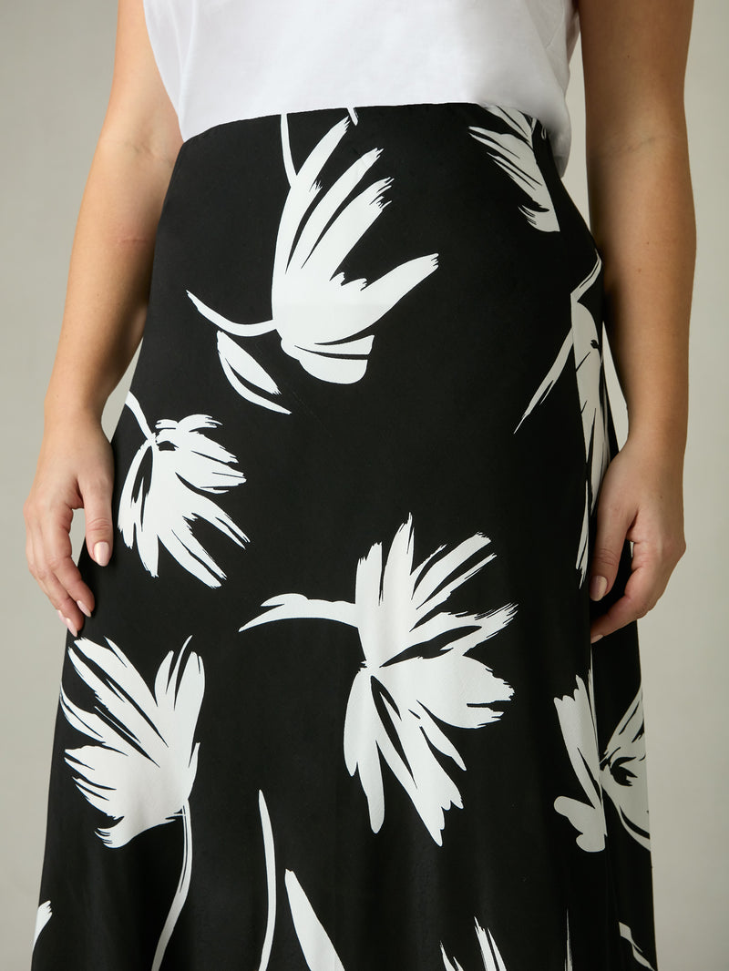 Mono Floral Print Bias Cut Skirt