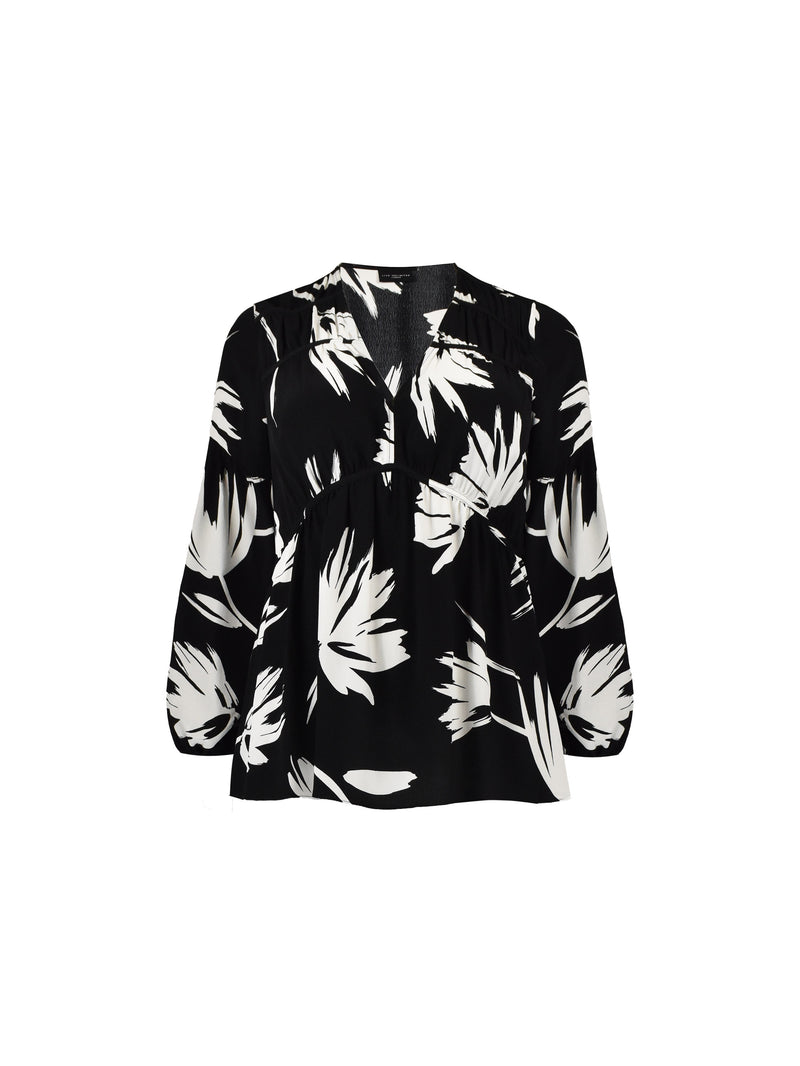 Mono Floral Print Ruched Front Blouse
