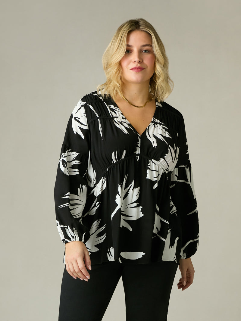 Mono Floral Print Ruched Front Blouse