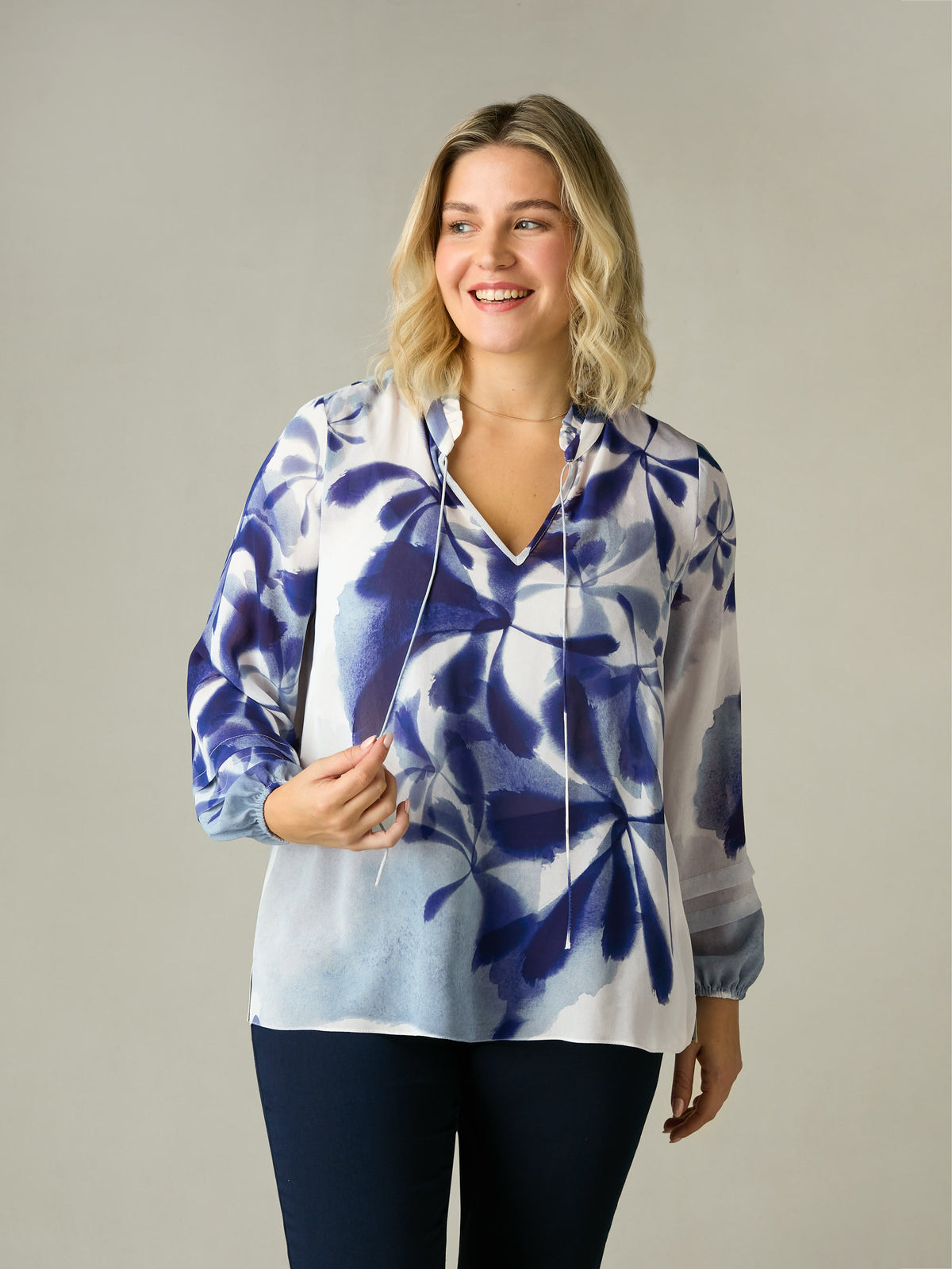 Blue Floral Print Pleat Sleeve Blouse