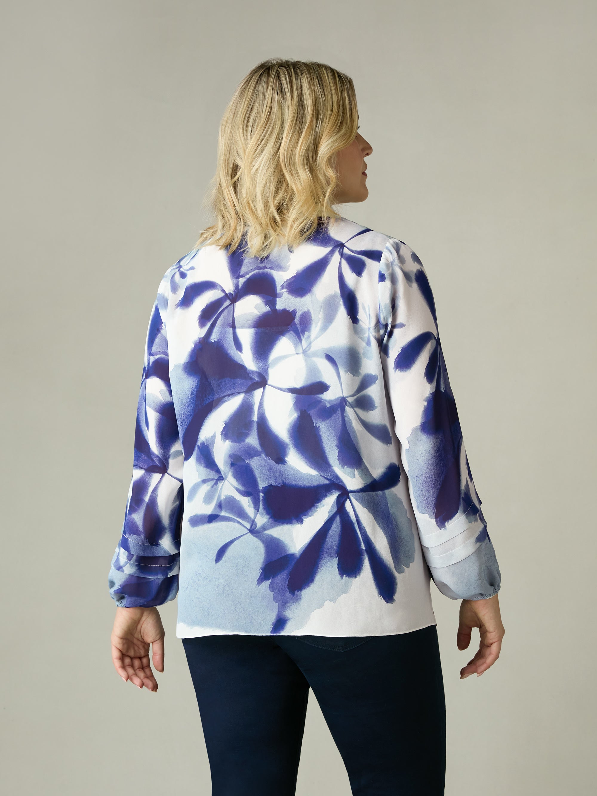 Blue Floral Print Pleat Sleeve Blouse