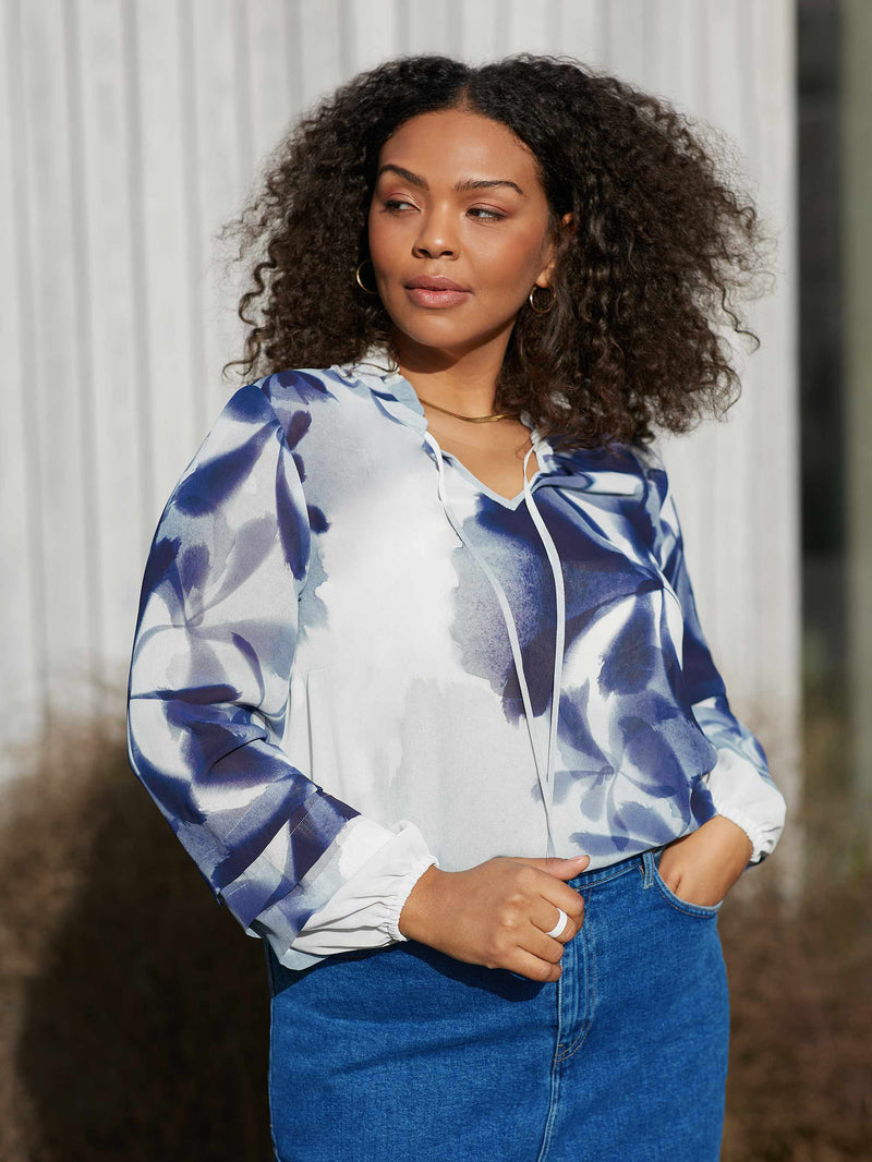 Blue Floral Print Pleat Sleeve Blouse