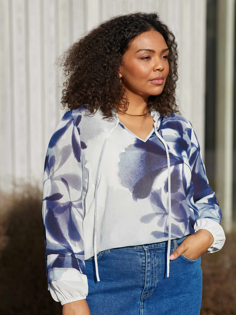 Blue Floral Print Pleat Sleeve Blouse