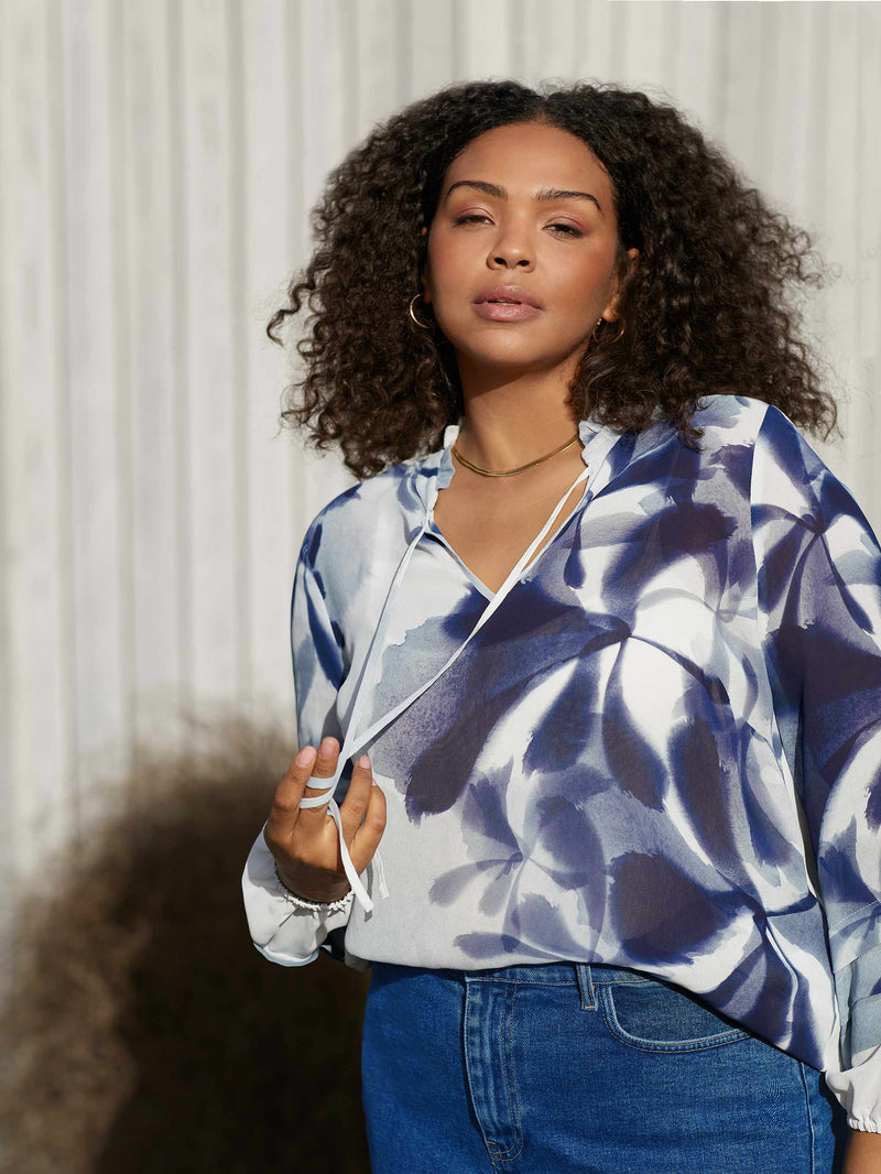 Blue Floral Print Pleat Sleeve Blouse