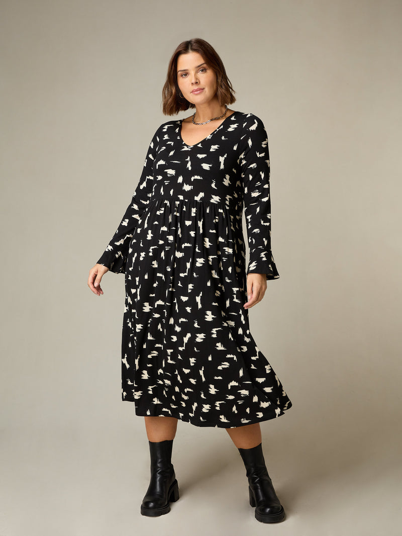Mono Smudge Print Jersey Midi Dress
