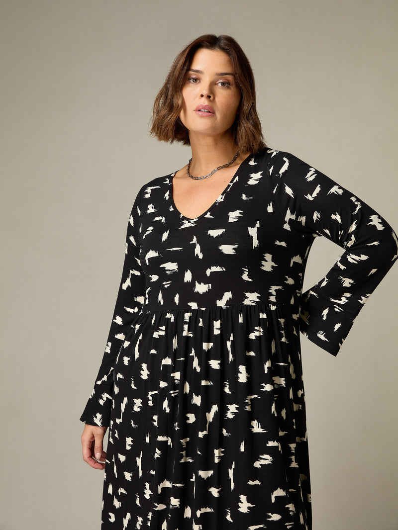 Mono Smudge Print Jersey Midi Dress