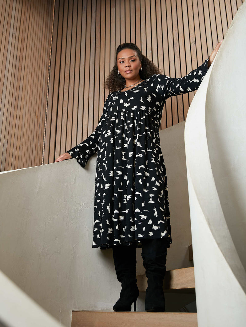 Mono Smudge Print Jersey Midi Dress