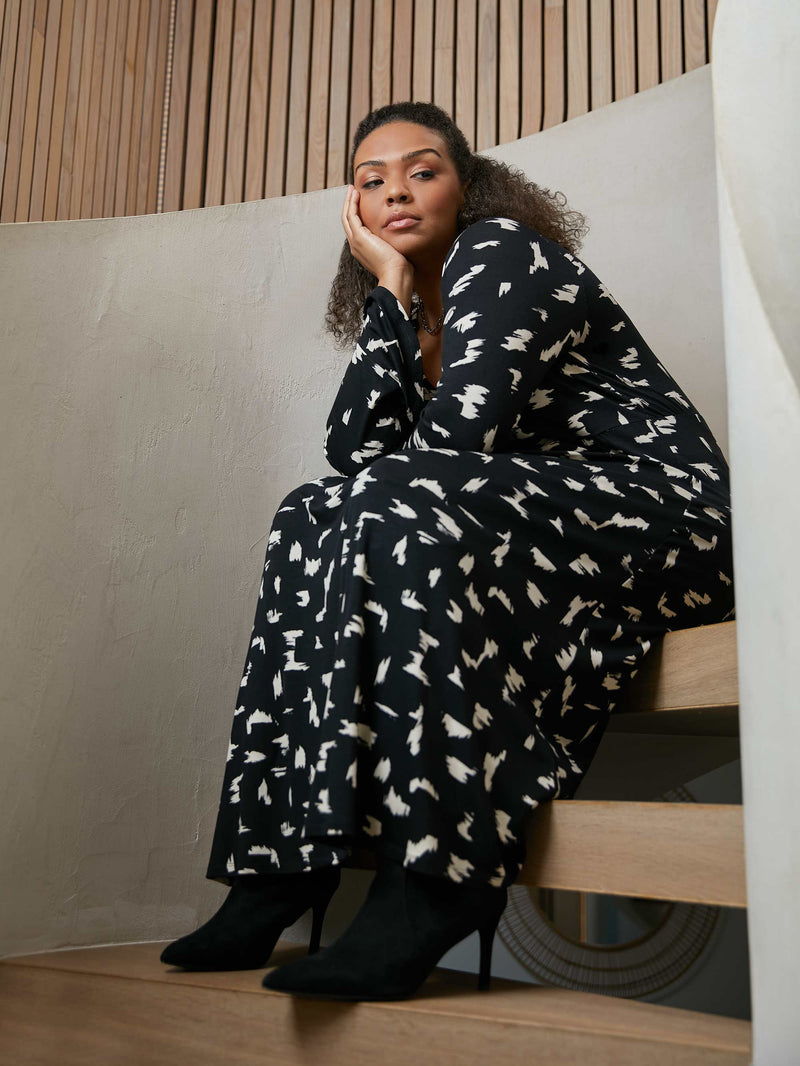 Mono Smudge Print Jersey Midi Dress