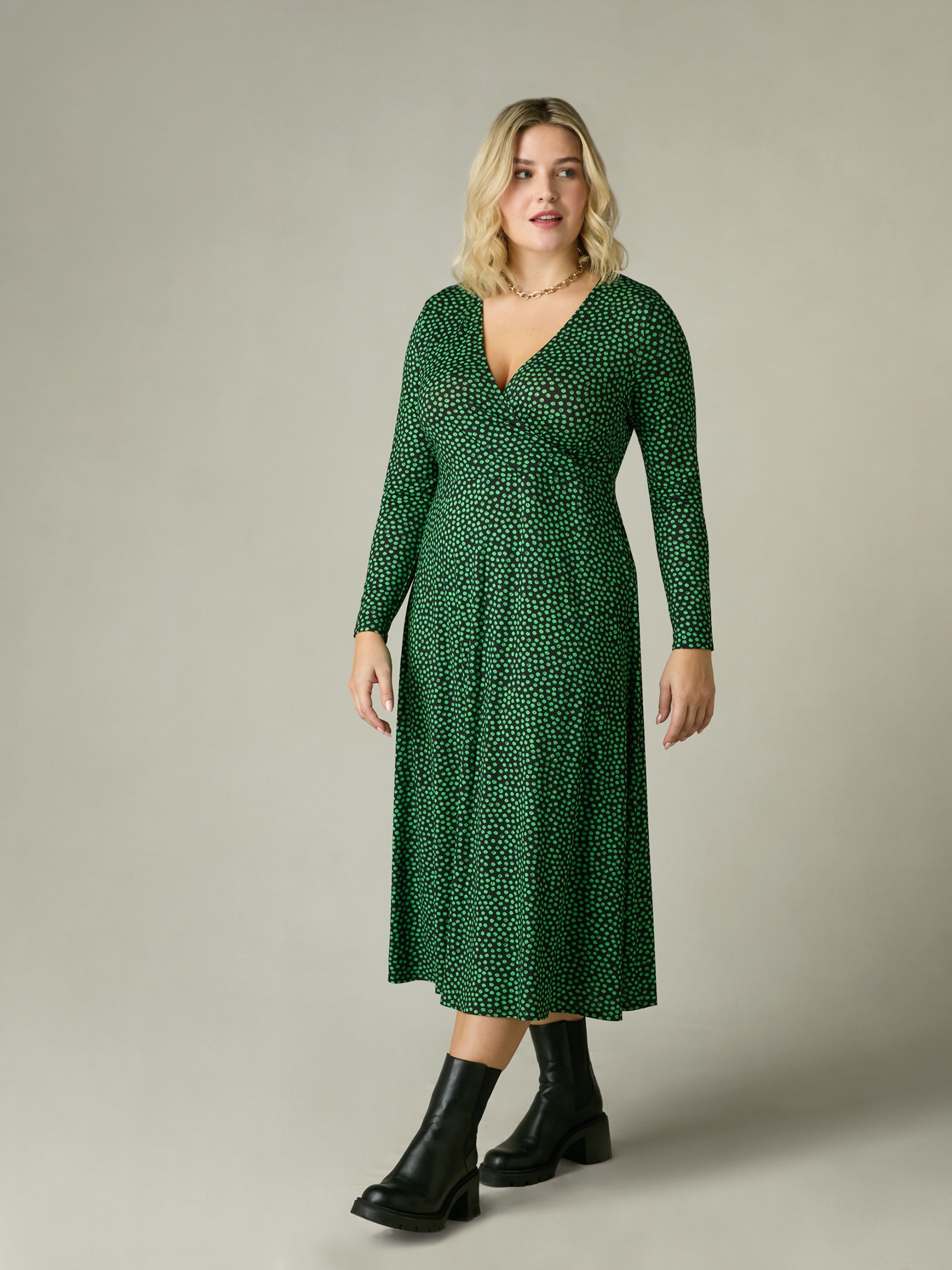 Green Spot Print Jersey Wrap Dress