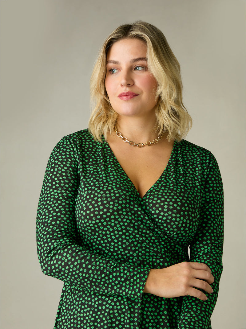 Green Spot Print Jersey Wrap Dress