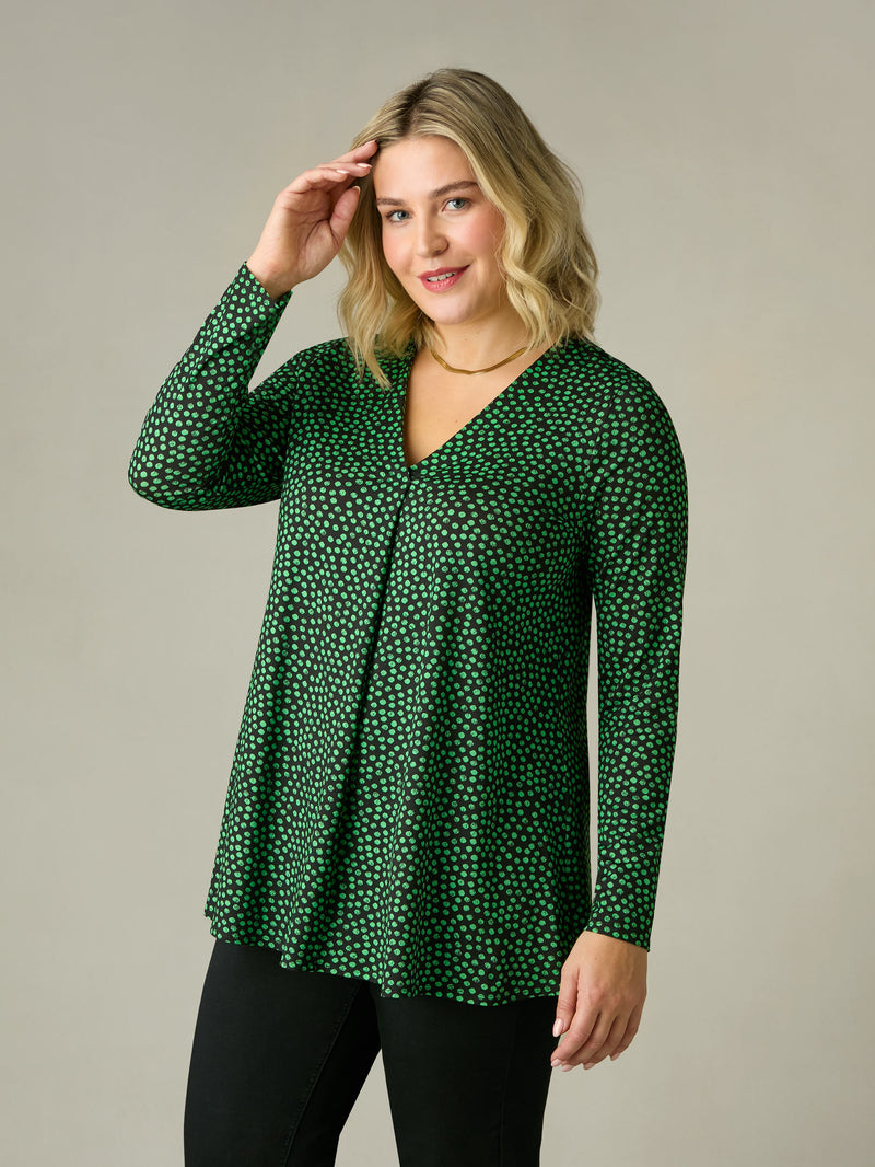 Green Spot Print Jersey Pleat Front Top