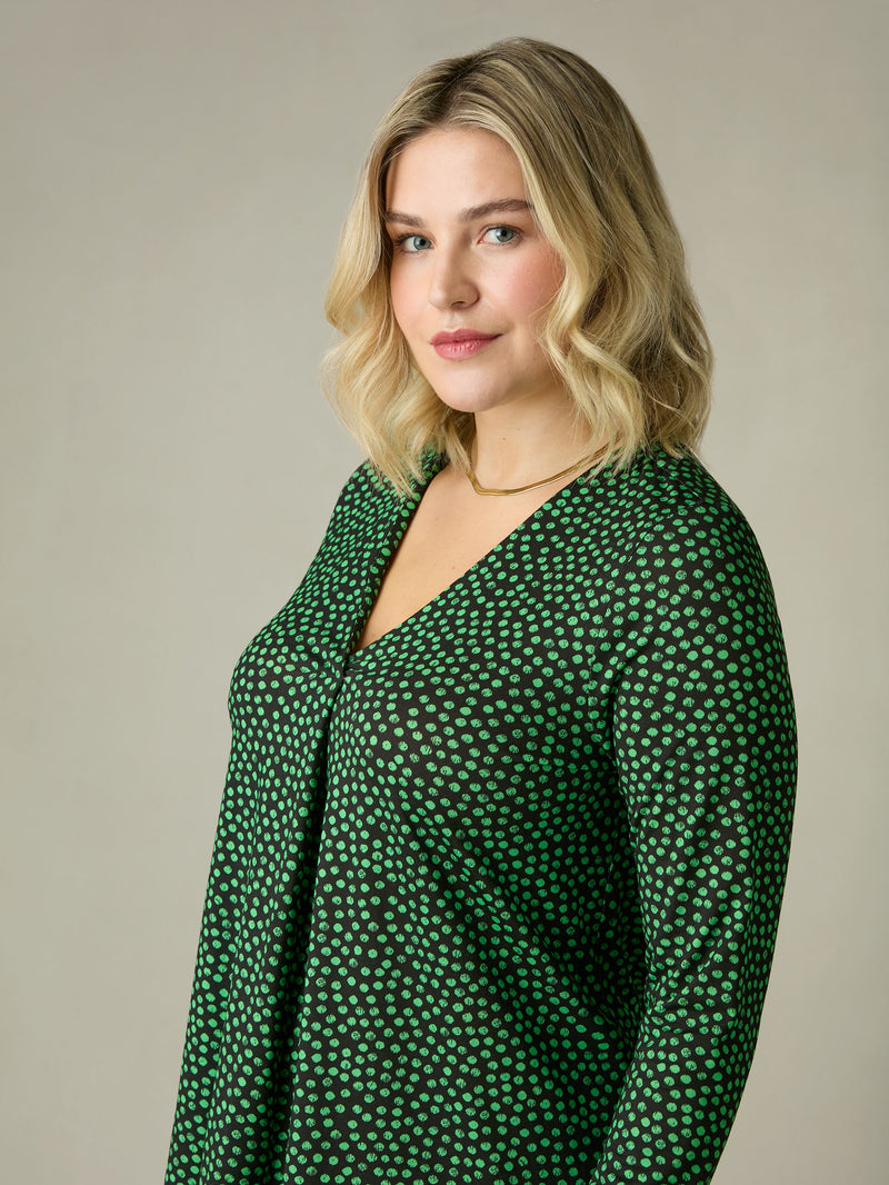 Green Spot Print Jersey Pleat Front Top