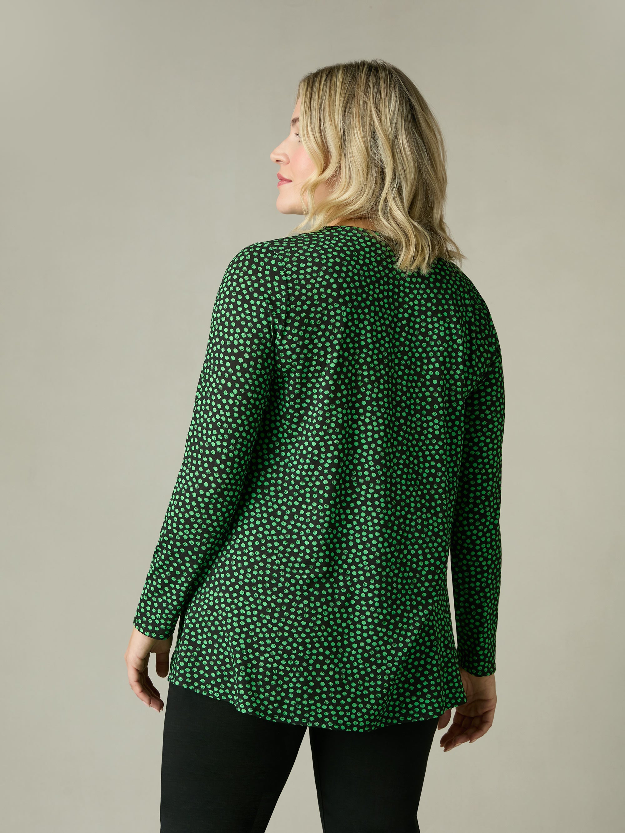 Green Spot Print Jersey Pleat Front Top