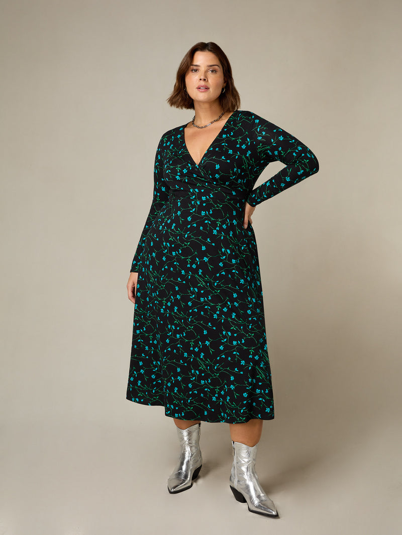 Blue Ditsy Print Jersey Wrap Dress