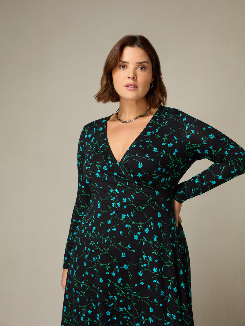 Blue Ditsy Print Jersey Wrap Dress